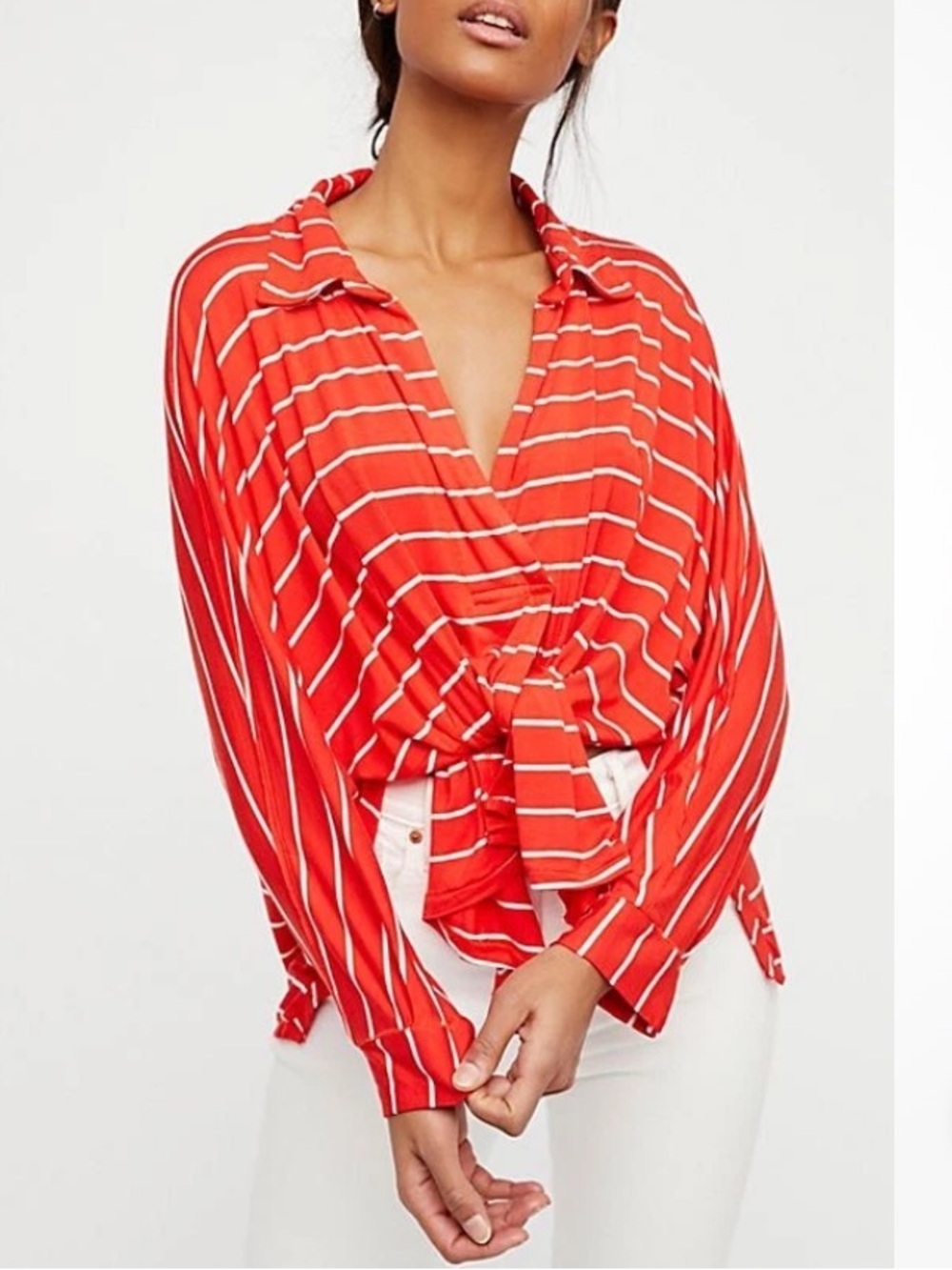 FREE PEOPLE WE THE FREE Can’t Fool Me Red Striped Tee-Oversized Top-Tie Front XS